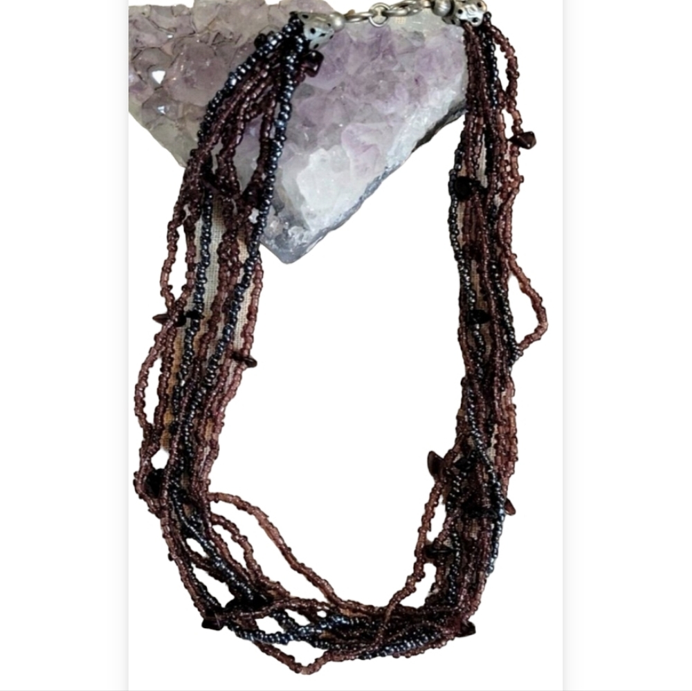Vintage Deep Purple Amethyst Chip & Seed Bead Choker Multi Strand Necklace